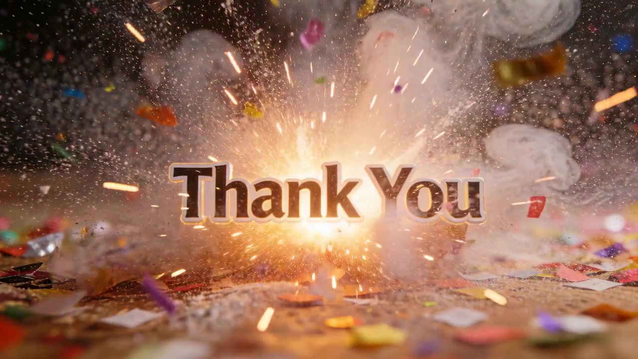 Blitzlicht sprüht Konfetti, Rauch um den "Thank You"-Text im Studio zur Enthüllung, der sich dann legt.