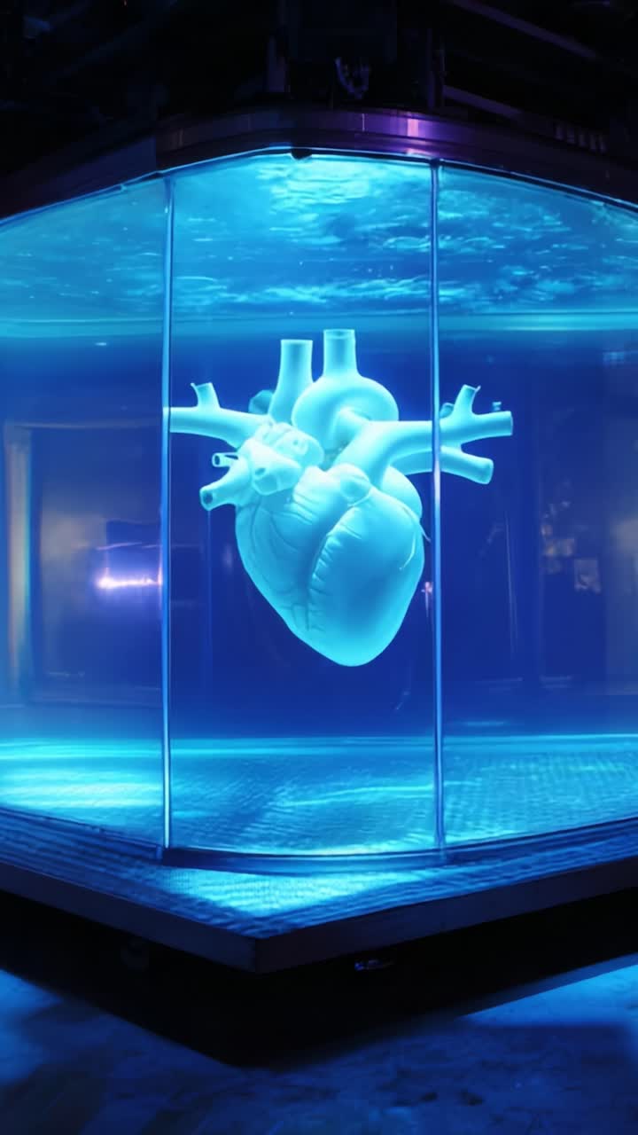A Mesmerizing Display of a Life-Sized Heart Sculpture Immersed in Iridescent Blue Water, Capturing the Beauty of Anatomy and Art Intertwined in a Stunning Setting