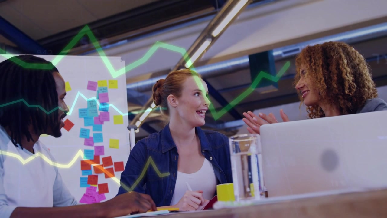 Creative meeting team lead speaking initiating graph drifting over board and laptop drawing looks