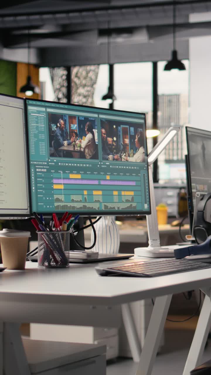 Vertical Video Nobody In Agency Office, Montage Editing Software, Streaming Platform