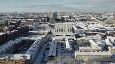 city buildings of downtown stockholm, sweden during snowy winter, aerial drone landscape