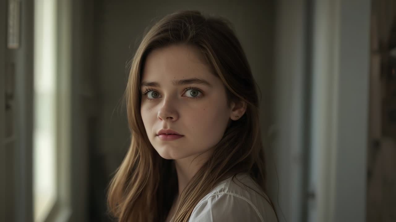 Turning teen girl holding gaze at window as camera recording starts, in blouse and stud earring