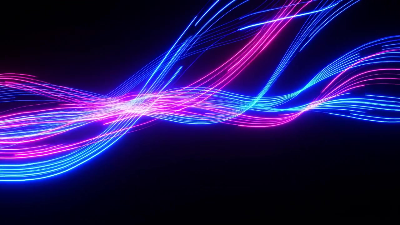 Blue, purple, and pink light streaks curve smoothly across a black background, forming a bright abstract wave with a futuristic and energetic look