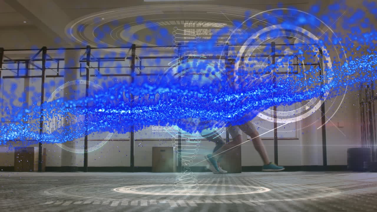 체육관 에서 운동 하는 백인 부부 위 에 시계 가 움직이고 있는 파란 반점 들 의 애니메이션