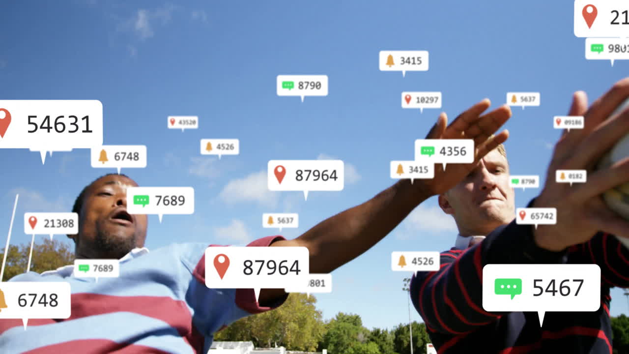animación de notificaciones en las redes sociales sobre diversos jugadores de rugby masculinos en el partido