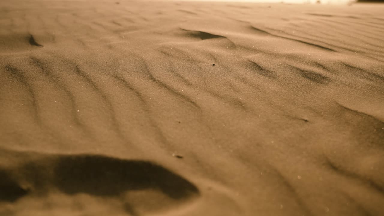 사막이나 해변에서 덥고 화창한 날 바람이 모래에 잔물결을 슬로우 모션으로 분다