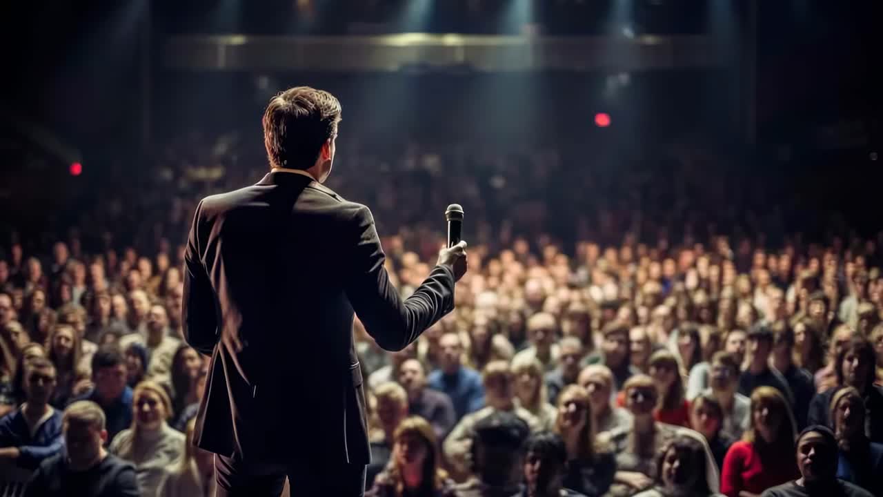 Back view of a speaker on stage facing a large audience, captured from a low angle