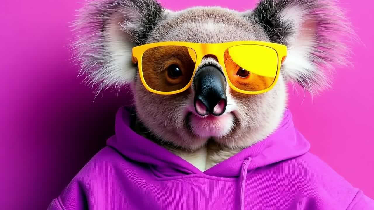 un koala con una capucha púrpura y gafas de sol amarillas