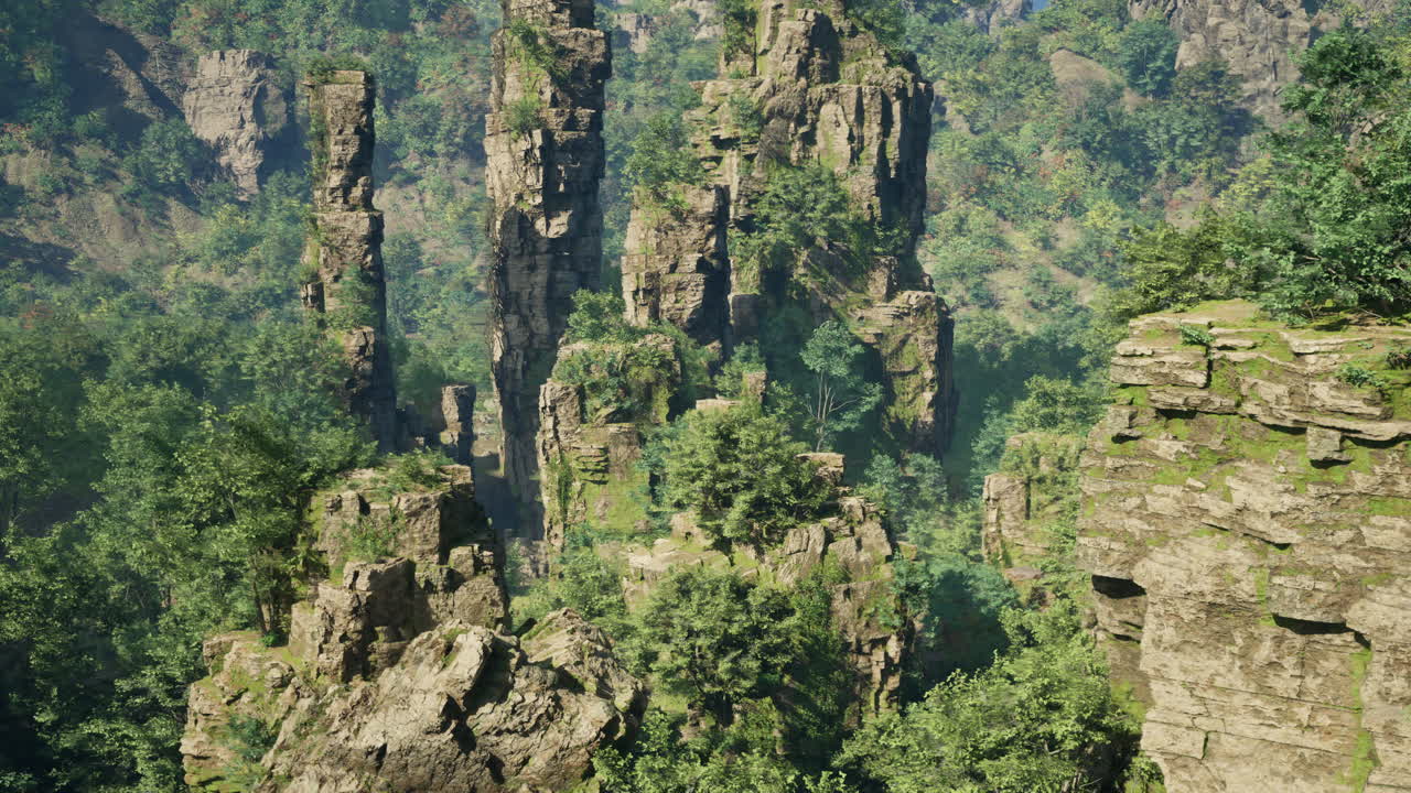 воздушный вид высоких скальных образований в пышном зеленом лесу