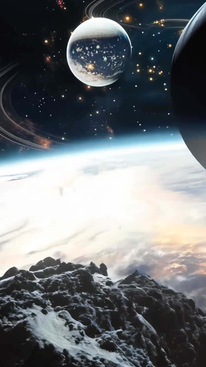 A planet with a large, black, round object in the middle of it. The planet is surrounded by a lot of rocks and debris