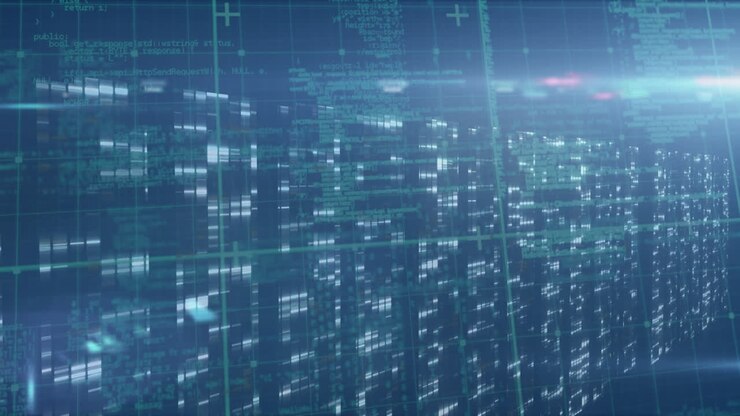 Animation of data processing over lights on blue background