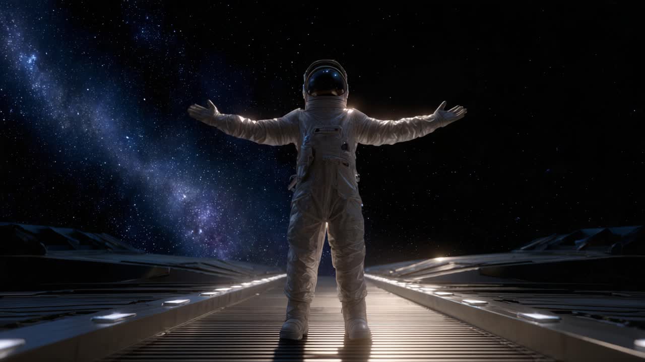 An astronaut stands confidently with arms outstretched against the majestic backdrop of outer space, showcasing the vastness of the galaxy and cosmic wonders above