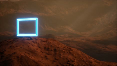 portal de neón en la superficie del planeta marte con el soplo de polvo