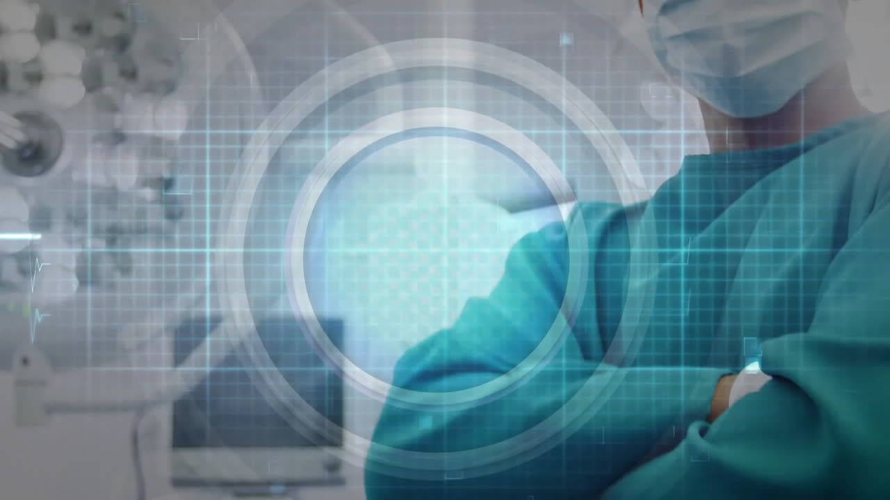 animación de procesamiento de datos sobre cirujano caucásico en el hospital