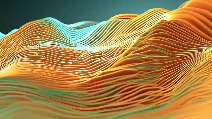 A yellow and blue wave with a green stripe. The wave is very long and has a lot of detail