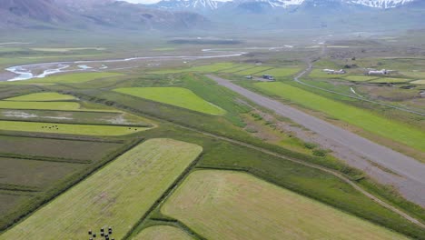 Borgarfjordur-Eystri-Airport-surrounded-by-green-farm-land-in-Iceland,-aerial