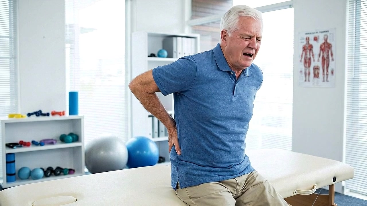Senior Man Experiencing Back Pain in Physical Therapy Clinic
