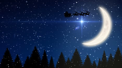 animation of snow falling over santa claus in sleigh with reindeer, moon and glowing star