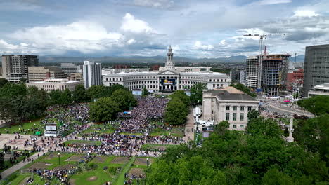 fans gather at civic center park for nuggets nba championship parade, aerial