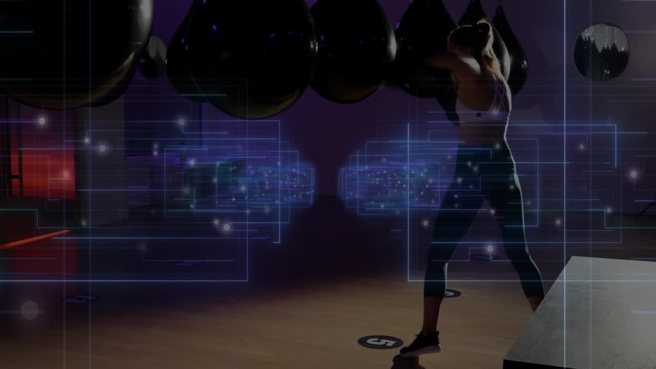female boxer practicing moves in dim gym, with floating tech grid and data overlays