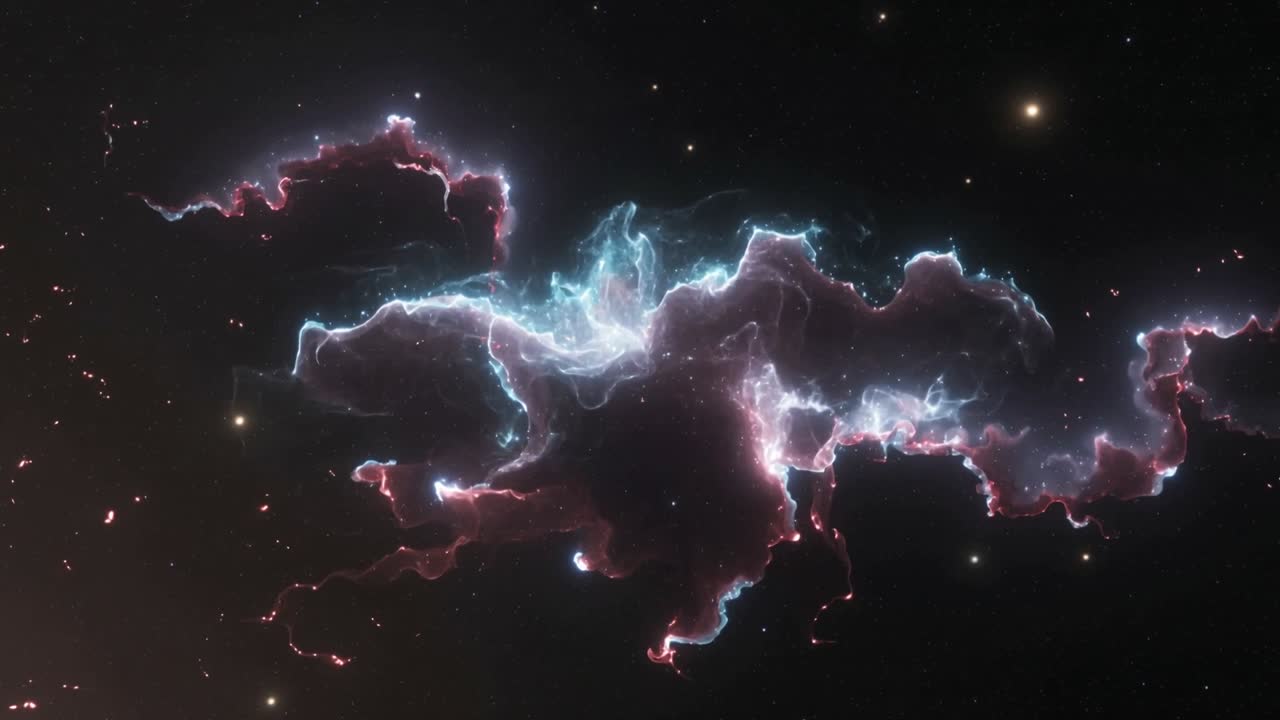 Video verticale: mostra un filamento di nebulosa che brilla e cresce nello spazio, con un nucleo scuro e una stella dorata in alto a destra.