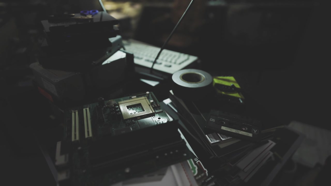 Electronic components spread out in dimly lit repair environment