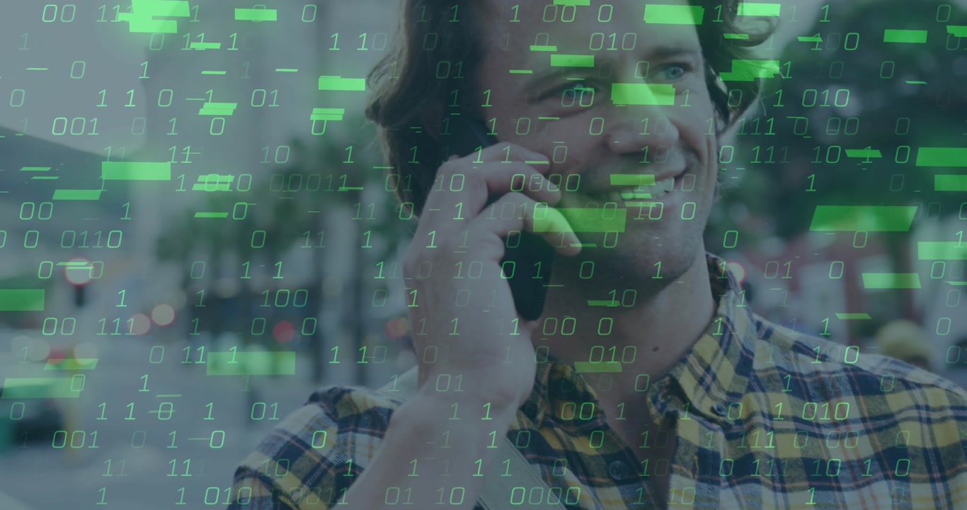 Man scrolling phone on sidewalk, lifting phone to ear sparking green code overlay for tech call