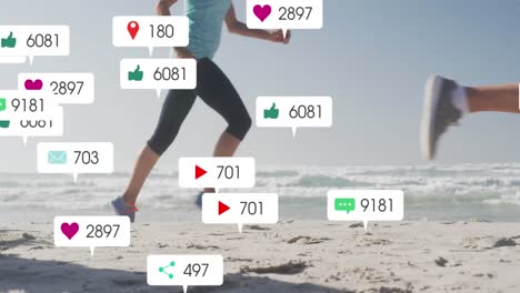 animation of social media notifications, over women running on beach