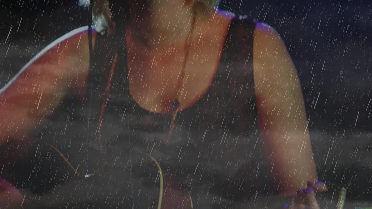Teen musician playing acoustic guitar on dark stage, displaying animated rain and lighting effects