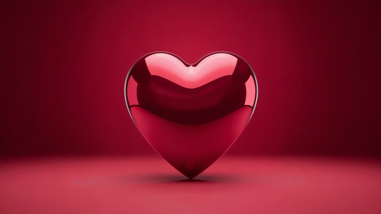 Scultura di un cuore rosso in movimento che oscilla e si assesta in studio, luci dall'alto che muovono i riflessi