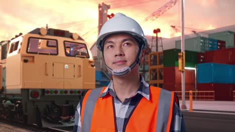 close up of asian male engineer with safety helmet looking around while standing with freight cargo train at port