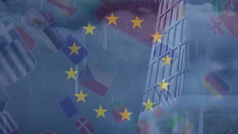 Animation-of-european-union-flag-and-various-national-flags-over-building-during-rainfall