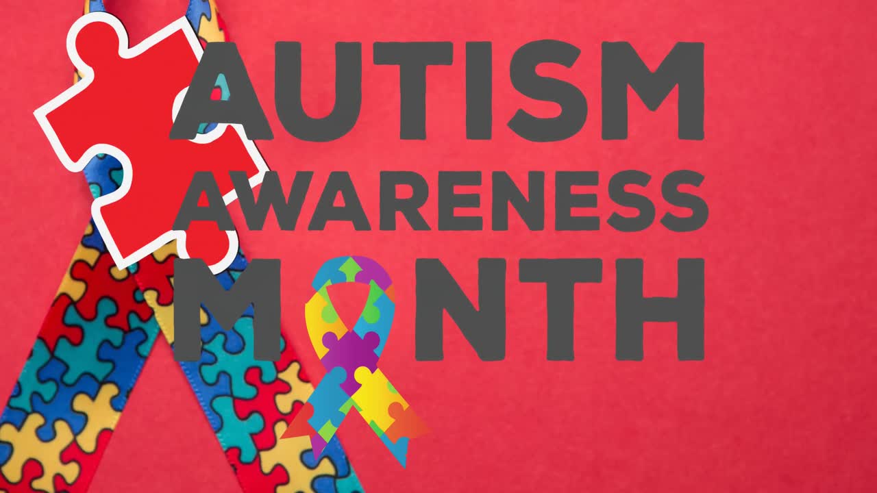 animación de rompecabezas que caen sobre el texto del mes de concienciación sobre el autismo y la cinta formada con rompecabezas
