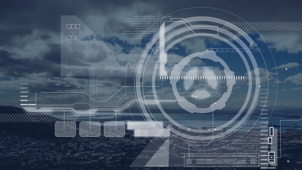 animación de la interfaz de hud con radar iluminado, vista aérea del paisaje urbano con densas nubes en el cielo.