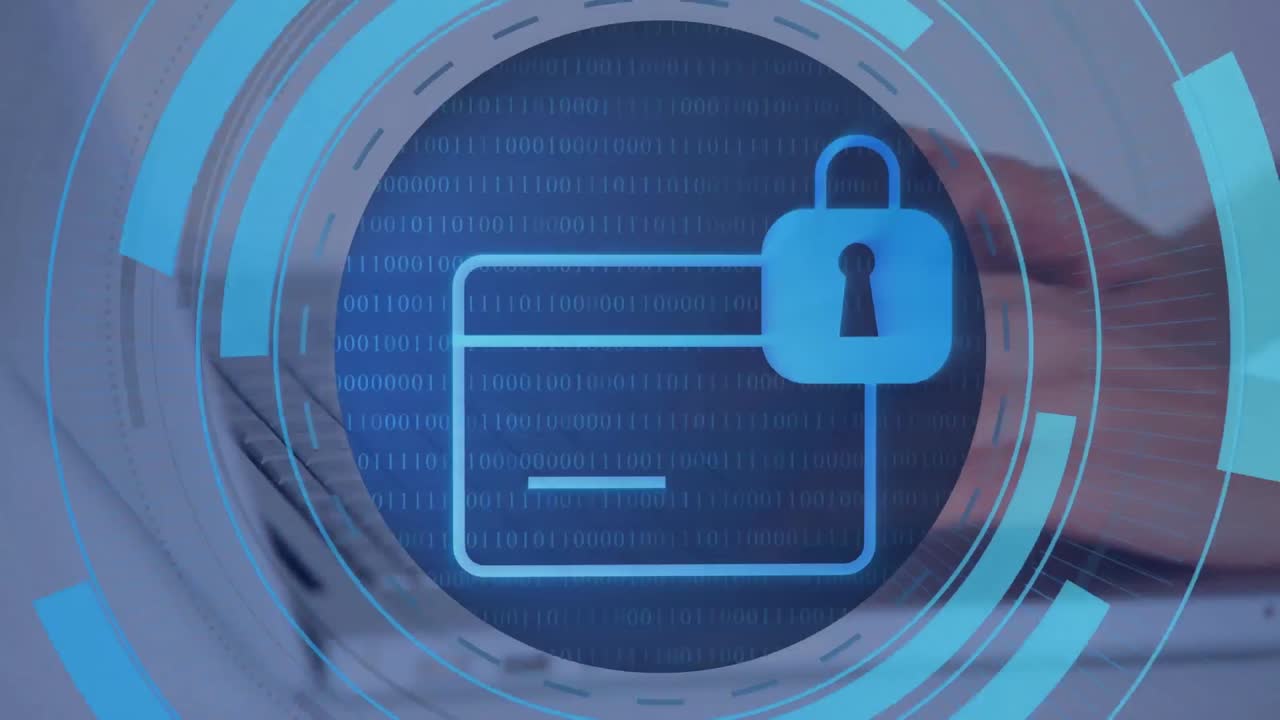 animación de una tarjeta con candado digital sobre las manos de un hombre caucásico usando una computadora portátil.