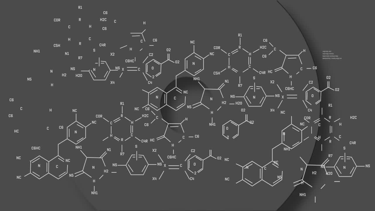 회색 배경에서 형성되는 추상적인 모양 위에 화학 구조의 애니메이션