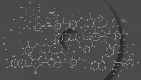 animation of chemical structures over abstract shapes forming against grey background