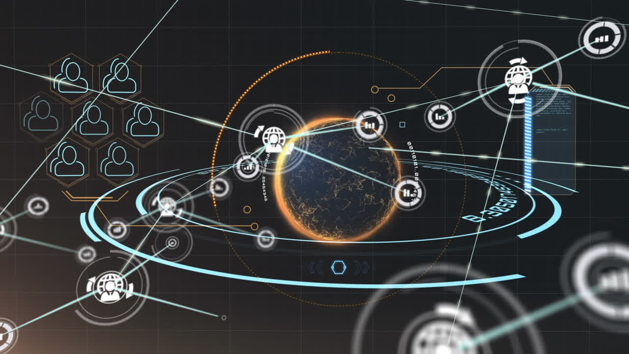 검은색 배경의 둥근 스캐너 위에 회전하는 지구에 대한 디지털 아이콘의 네트워크