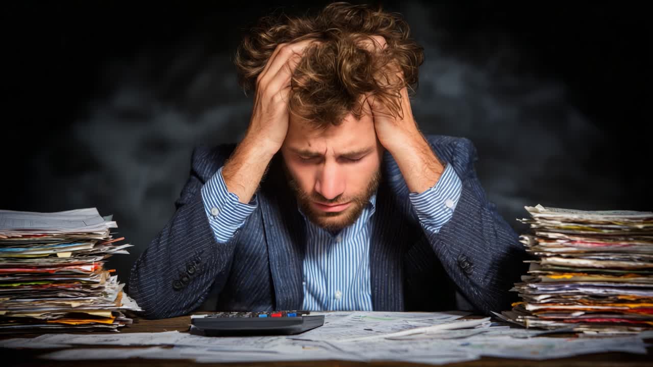 A man overwhelmed by stress and anxiety sits at a desk covered in paperwork, struggling to manage his tasks while his thoughts spiral out of control