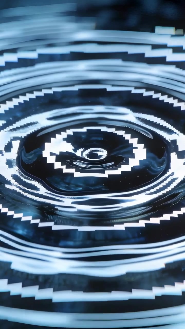 Verticale video: Druppel raakt het midden, maakt concentrische rimpelingen in studiewater met pixelringen.