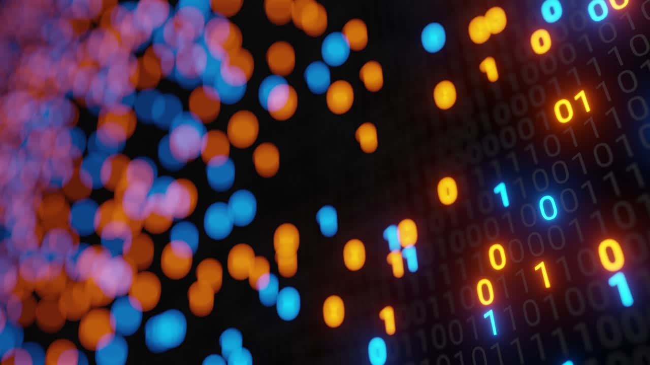 Abstract seamless blue and orange digital binary code matrix background VJ loop with flare.