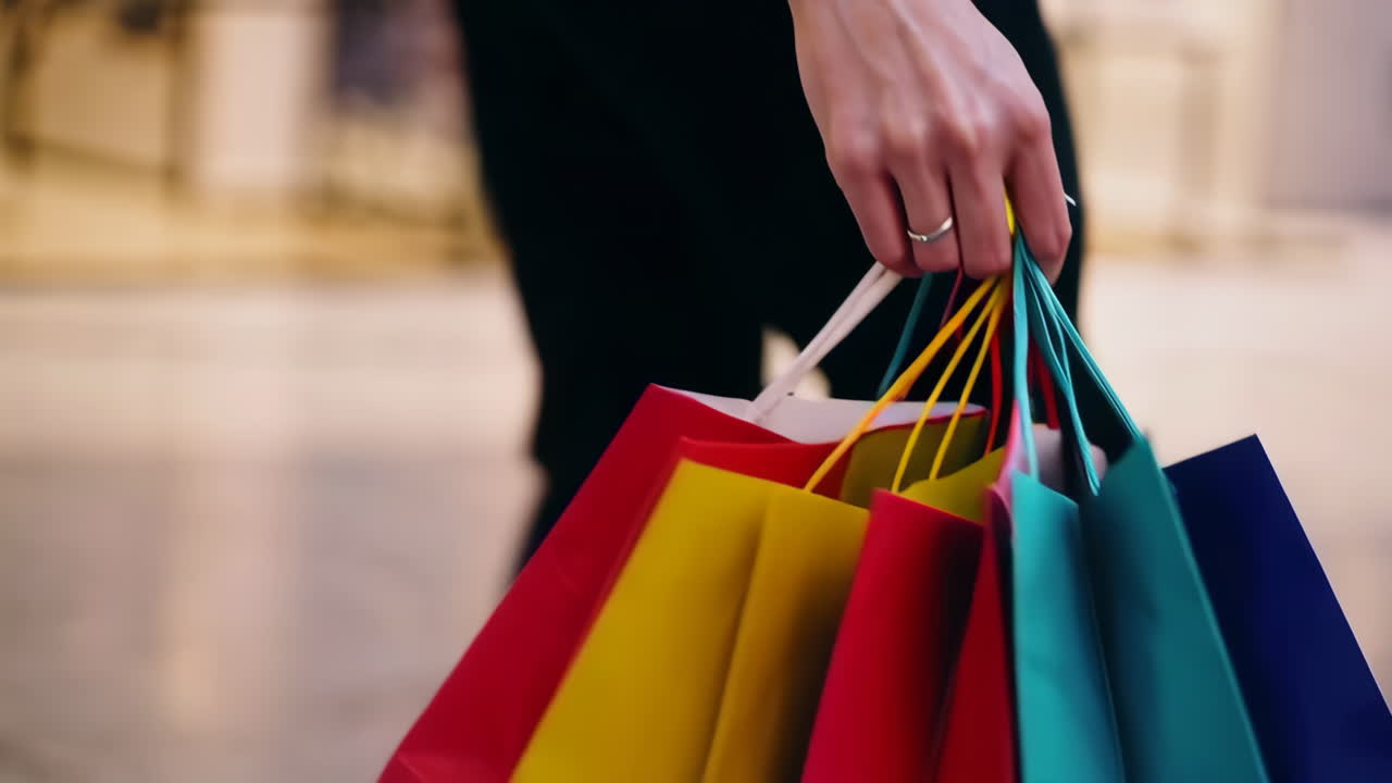 Person holding colorful shopping bags