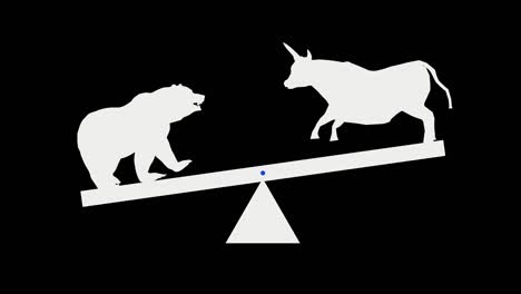 white silhouettes of stock exchange bull and bear swinging on a swing on a black background, loop