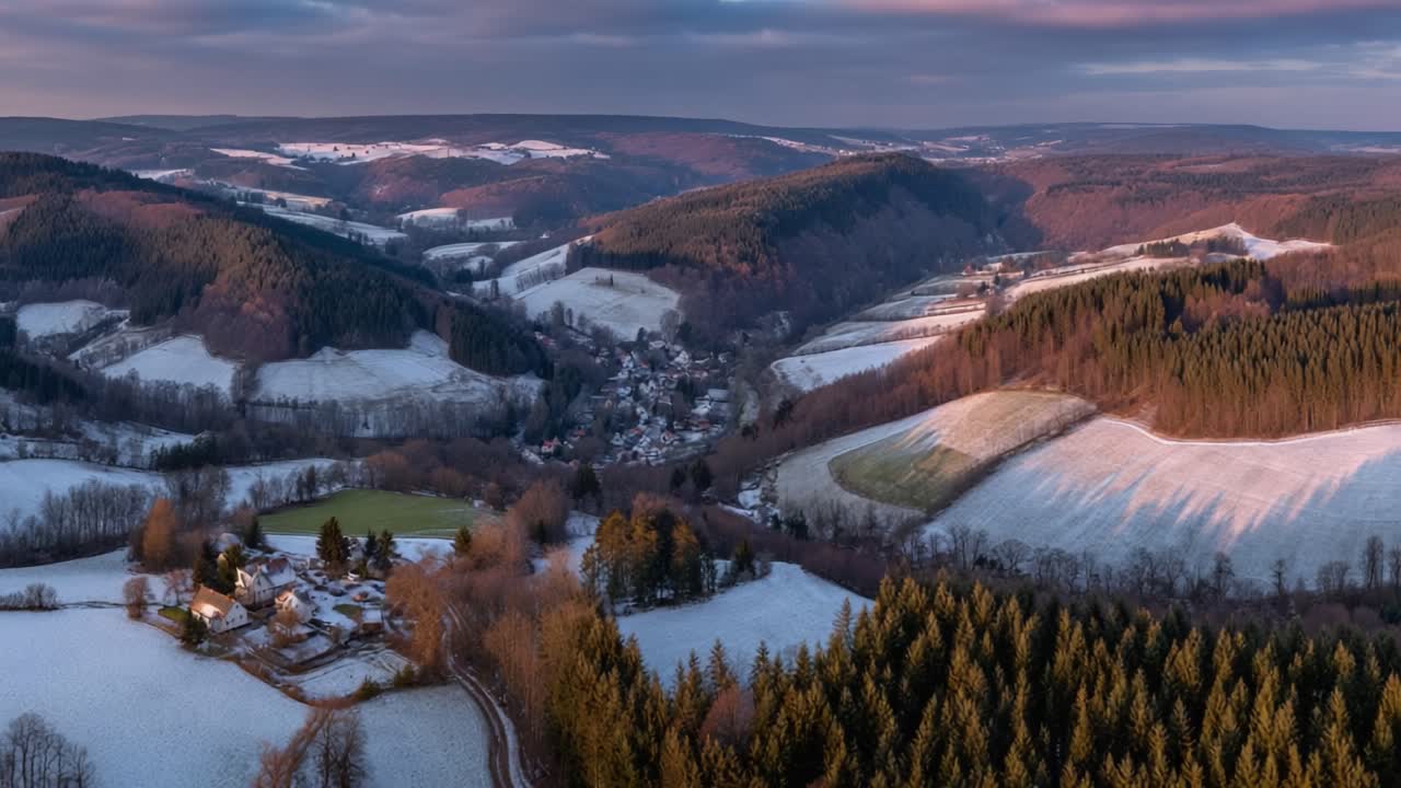 Aerial View of a Winter Landscape at Dusk, Showcasing Snow-Covered Hills, Forests, and a Quaint Village Nestled in the Valley Below, Illuminated by the Soft Glow of Dusk