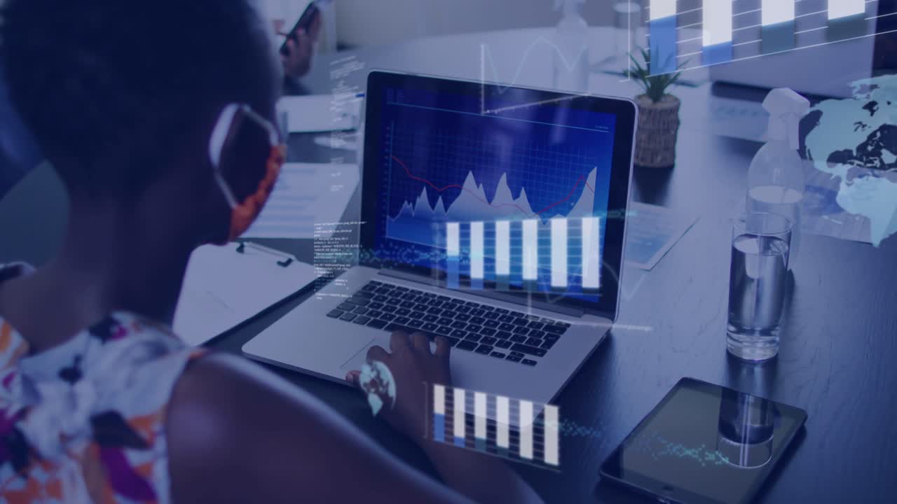 Woman using laptop touching trackpad activating finance charts morphing into stacked bars for demo