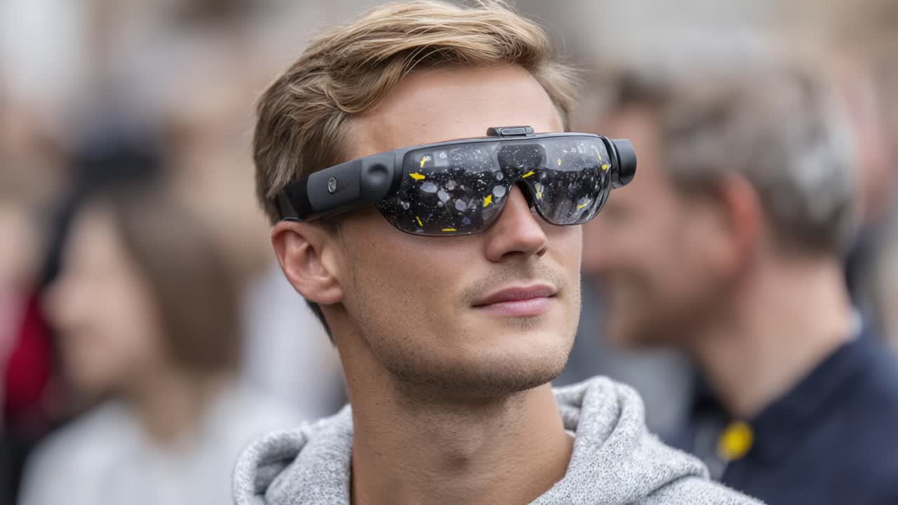 A Person Wearing Futuristic Smart Glasses in a Crowded Outdoor Setting, Showcasing Innovative Technology and Modern Style