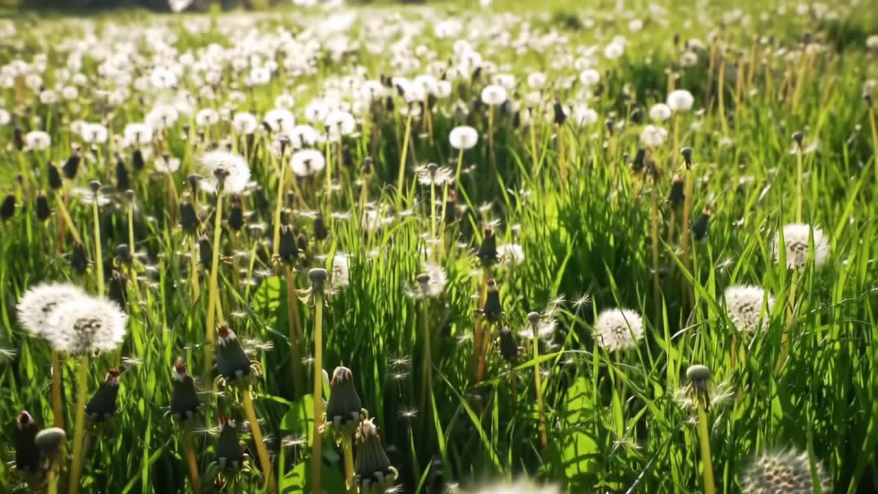 A Close-Up and Wide Shot of Dandelion Puffballs in a Lush Green Meadow, Capturing the Subtle Beauty of Nature and the Delicate Seeds Ready for the Wind