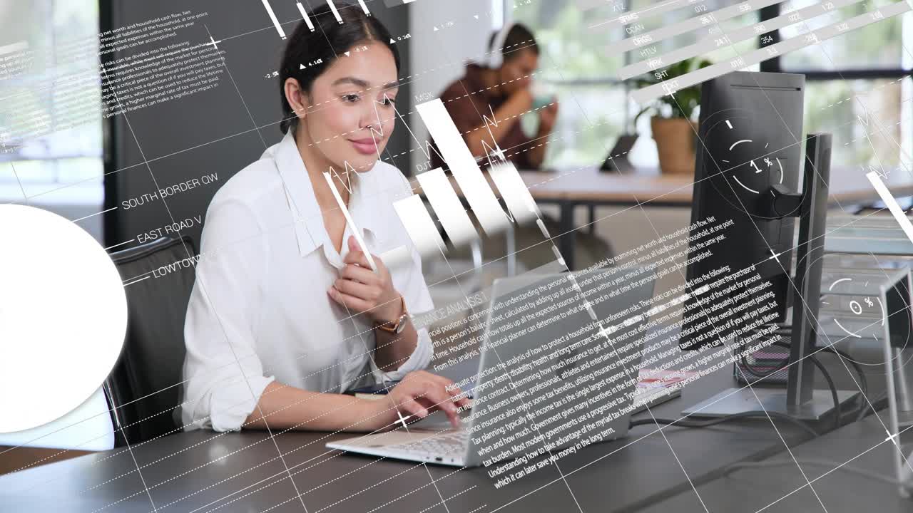 Woman analyst typing and glancing, causing chart overlays on monitor while analyzing business data