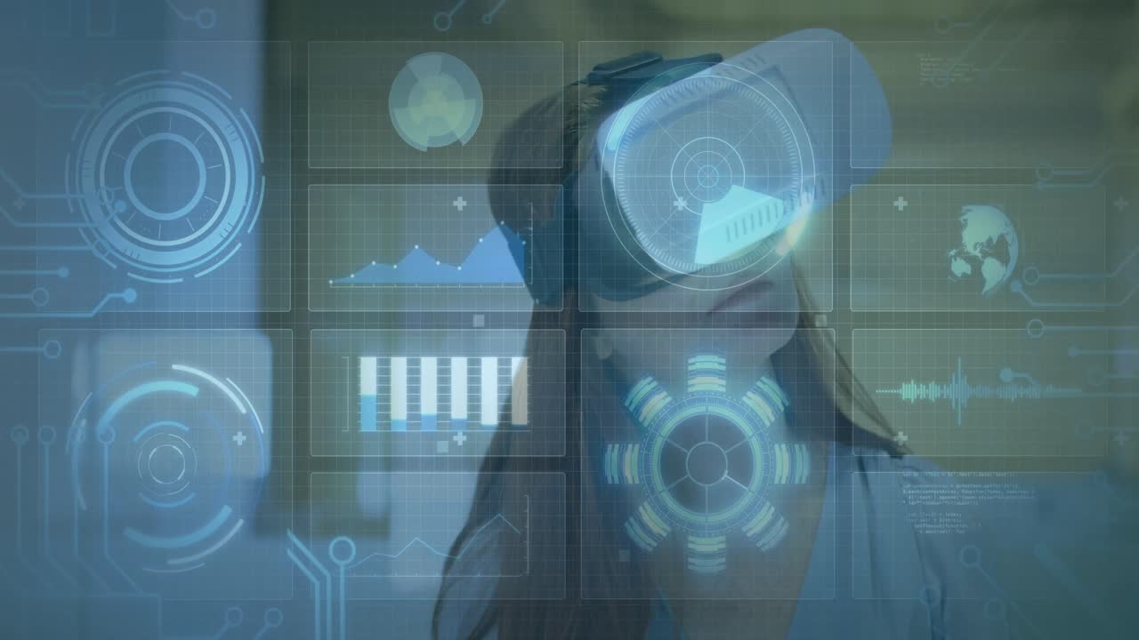 animación de escaneos en pantallas y procesamiento de datos sobre una mujer con auriculares vr