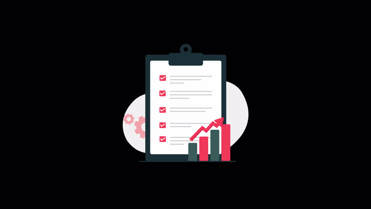 Checklist animata con grafico a barre in crescita e freccia verso l'alto